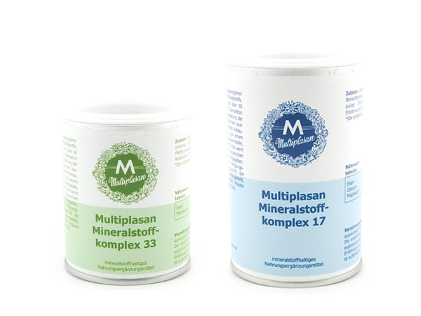 Zwei Dosen mit unseren Kräuterprodukten Multiplasan Mineralstoffkomplex 17 und Mineralstoffkomplex 33