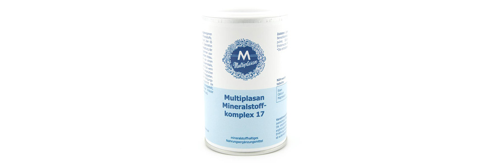 Originalverpackung Multiplasan Mineralstoffkomplex 17 - Eine runde Kartonverbunddose mit blau / weissem Etikett und weissem Kunstoffdeckel