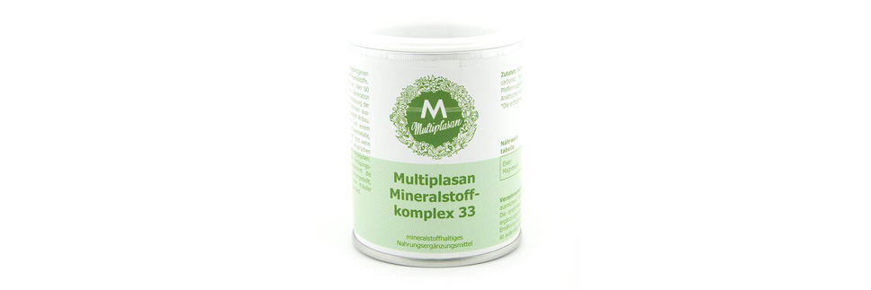 Originalverpackung Multiplasan Mineralstoffkomplex 33 - Eine runde Kartonverbunddose mit grün / weissem Etikett und weissem Kunstoffdeckel